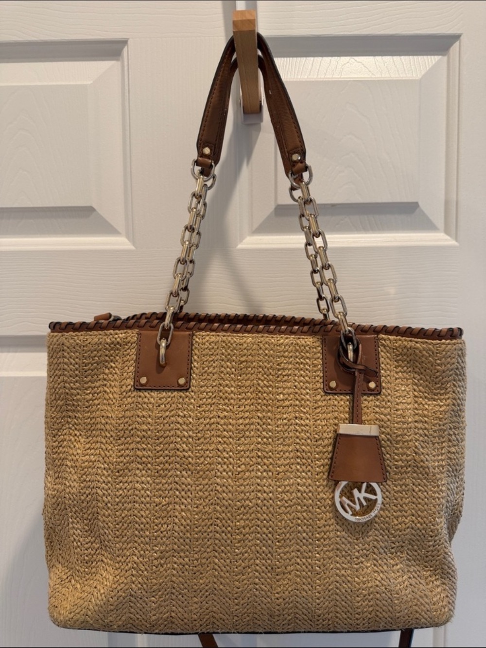 Michael Kors Rosalie Woven Straw & Leather Large Tote Bag - Tan / Brown / Gold